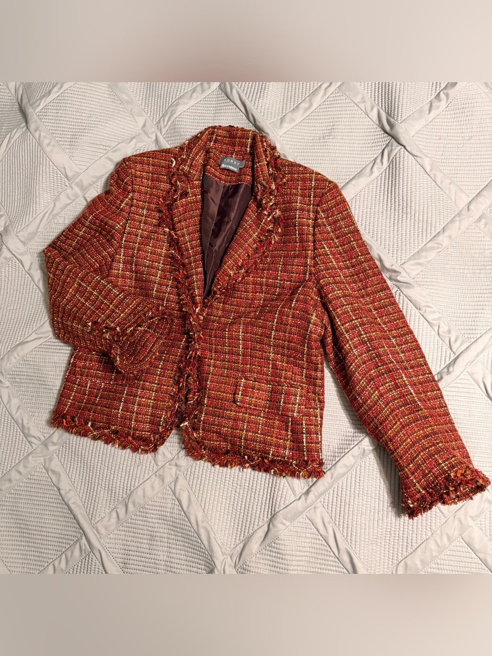 Koret Tweed Blazer Women’s Red Pink Plaid Fringe Trim Size 16 | Preowned | G1